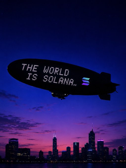 An LED-lit blimp displaying the message "THE WORLD IS SOLANA." alongside the Solana logo floats above a vibrant sunset city skyline. The image reinforces the post's declaration by literally broadcasting the slogan across the sky, symbolizing widespread enthusiasm and adoption of the Solana blockchain.