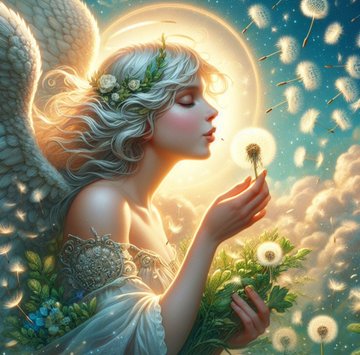 The image features a beautiful illustration of an angel with long hair, wearing a white dress adorned with flowers. The angel holds a dandelion in her hand, which she blows out into the air. The background of the image is filled with clouds, creating a serene and peaceful atmosphere. The post that accompanies this artwork reads: "Good morning Carry peace in your heart, and the world will soften around yo the Happy valley Dandelion of wishes". This message emphasizes the importance of spreading positivity and love through our actions and words, just as the angel is doing by blowing out a dandelion with her breath.