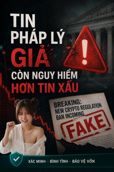 A Vietnamese warning graphic stating 'TIN PHÁP LÝ GIẢ CÒN NGUY HIỂM HƠN TIN XẤU' (Fake legal news is more dangerous than bad news), showing the same woman with a 'FAKE' news stamp and a warning triangle, with footer text 'XÁC MINH – BÌNH TĨNH – BẢO VỆ VỐN' (Verify – Stay Calm – Protect Capital).