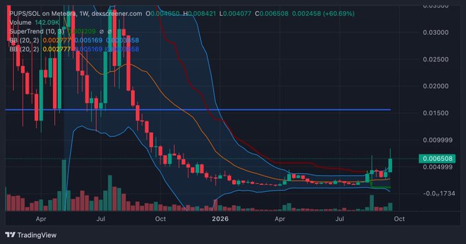 A TradingView candlestick chart for PUPS/SOL on Meteora showing a downward price trend with technical indicators and volume bars.
