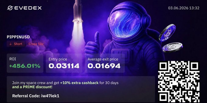 The image features a poster for an event called "EVEDEX" with a purple background featuring a rocket ship and an astronaut. The poster also includes a code, "iw47iek1", which could be a reference code or a promotional code related to the event.
