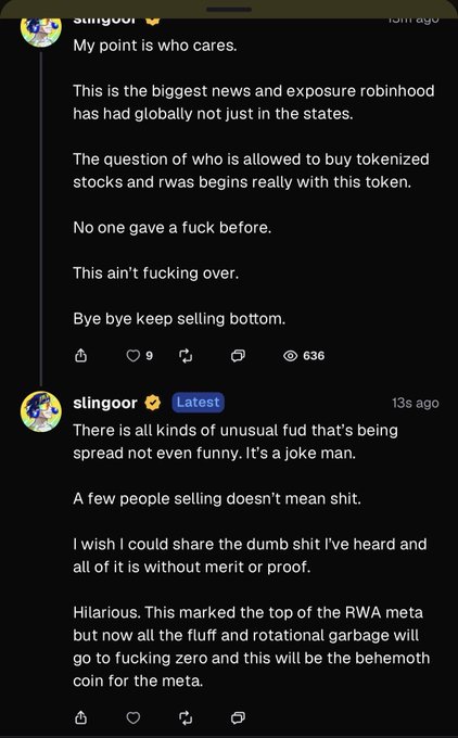 Screenshot of social media posts from user 'slingoor' discussing Robinhood, tokenized stocks, and crypto markets.