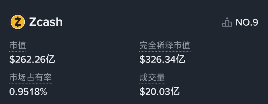 A cryptocurrency data screen displays information for 'Zcash' ranked NO.9, showing a market cap of $262.26亿 and a trading volume of $20.03亿.