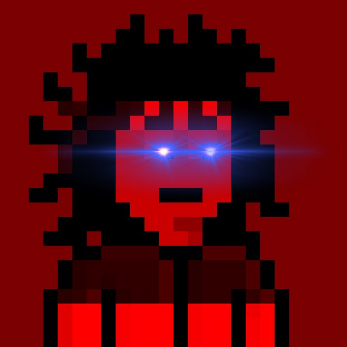 Pixel art image of a red character with glowing blue eyes on a dark red background.