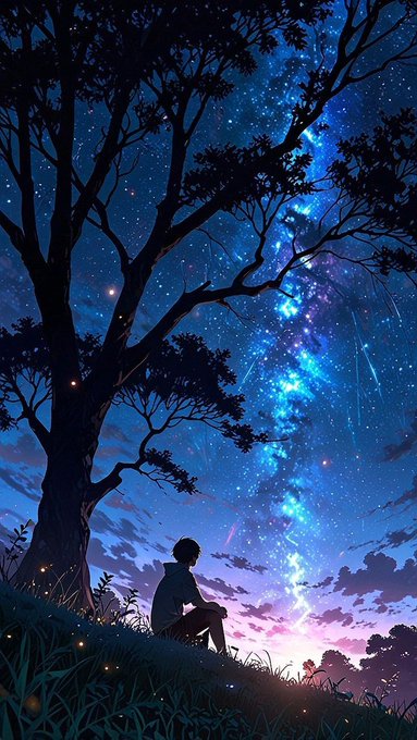 The image features a man sitting under a tree, looking up at the sky with stars. The scene takes place during sunset or night time, creating a serene atmosphere. There are also some lights visible in the background that add to the overall ambiance of the scene. The image seems to be related to the post about quantum computing, as it captures the man's contemplative moment under the tree and the stars above him.