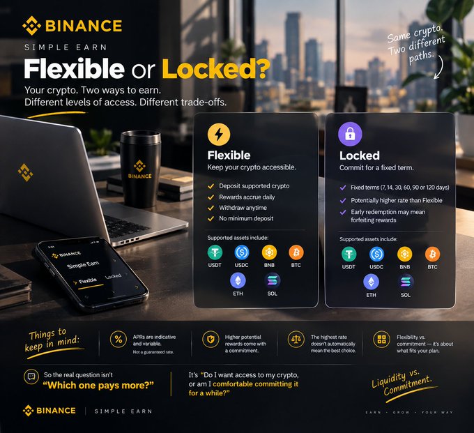 A Binance promotional graphic titled "Flexible or Locked?" comparing Simple Earn options, highlighting features like daily rewards for Flexible and fixed terms for Locked staking across assets including USDT, USDC, BNB, BTC, ETH, and SOL.