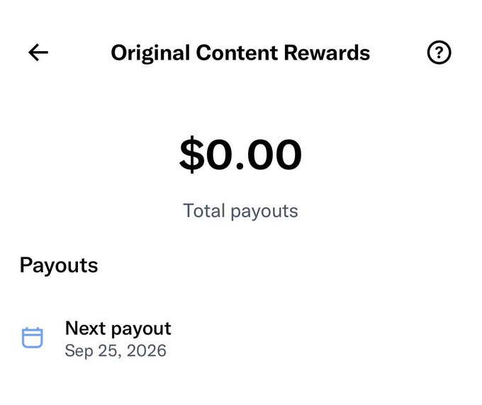 A mobile screen displays an "Original Content Rewards" page showing "$0.00 Total payouts" and a "Next payout" scheduled for "Sep 25, 2026."