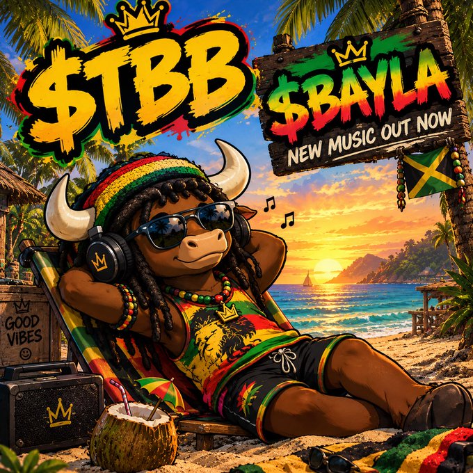 A vibrant promotional graphic for "$TBB $BAYLA" advertising "NEW MUSIC OUT NOW," featuring a cartoon bull character in sunglasses, headphones, and Rastafarian colors lounging on a beach at sunset with a coconut drink.