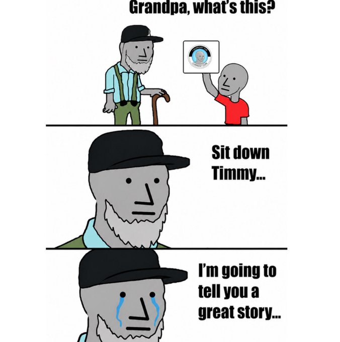 A three-panel comic featuring a boy asking 'Grandpa, what's this?' while showing a disc, with the grandpa responding 'Sit down Timmy...' and starting to cry, saying 'I'm going to tell you a great story...'