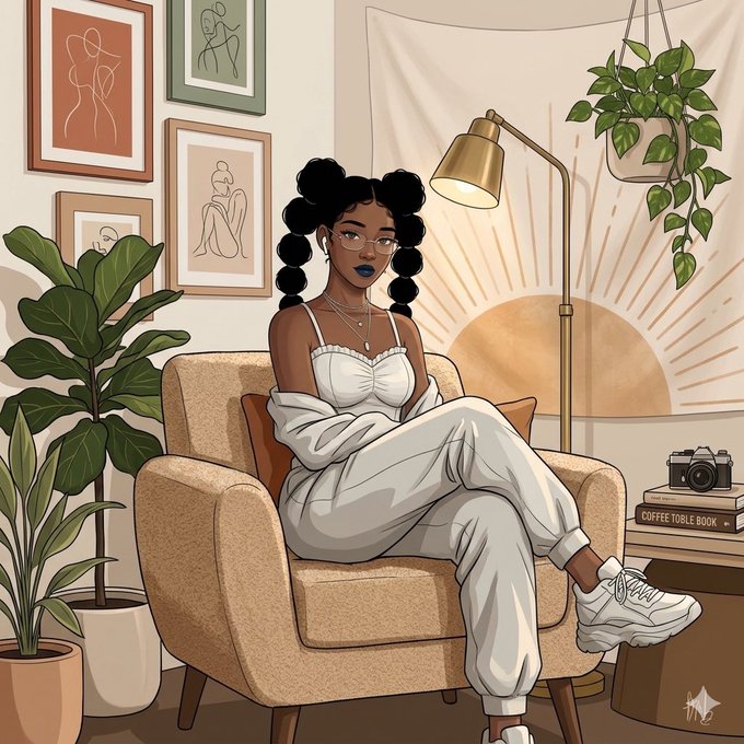The image features a woman sitting comfortably in an armchair, wearing white clothing and listening to music through her headphones. She has black hair styled into two pigtails. The room around her includes potted plants placed at various locations, as well as several books scattered on surfaces nearby. A vase is also present in the scene.

The image seems to be related to a post about Stacking up more $RIVER today. This suggests that there might be an event or promotion happening in the area where the woman is sitting, and she has chosen to spend her morning listening to music while enjoying some downtime at home. 

The presence of potted plants indicates that the room may have a focus on creating a pleasant atmosphere for relaxation and leisure activities. The books scattered around imply that there might be reading or studying involved in this setting as well, adding variety to the woman's activities during her time spent indoors.