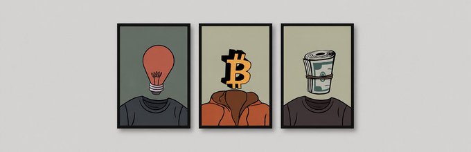 Three framed minimalist illustrations displayed side-by-side on a white wall, depicting figures with their faces replaced by: a red lightbulb, a Bitcoin symbol, and a rolled-up dollar bill.