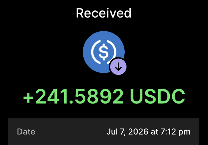 Mobile app screenshot showing a received USDC payment of '+241.5892 USDC' dated 'Jul 7, 2026 at 7:12 pm'.