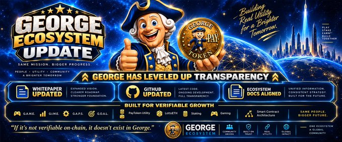 A promotional graphic for the "GEORGE ECOSYSTEM UPDATE" featuring a pirate mascot holding a "GEORGE PAY TOKEN" coin, highlighting transparency upgrades including a whitepaper, GitHub, and ecosystem docs. The banner emphasizes "BUILD FOR VERIFIABLE GROWTH" across pillars like Game, Utility, Community, and Goal, aligning with the post's focus on infrastructure progress such as Render production APIs, PostgreSQL, and CoinGecko data integration for the $GEORGE token ecosystem.