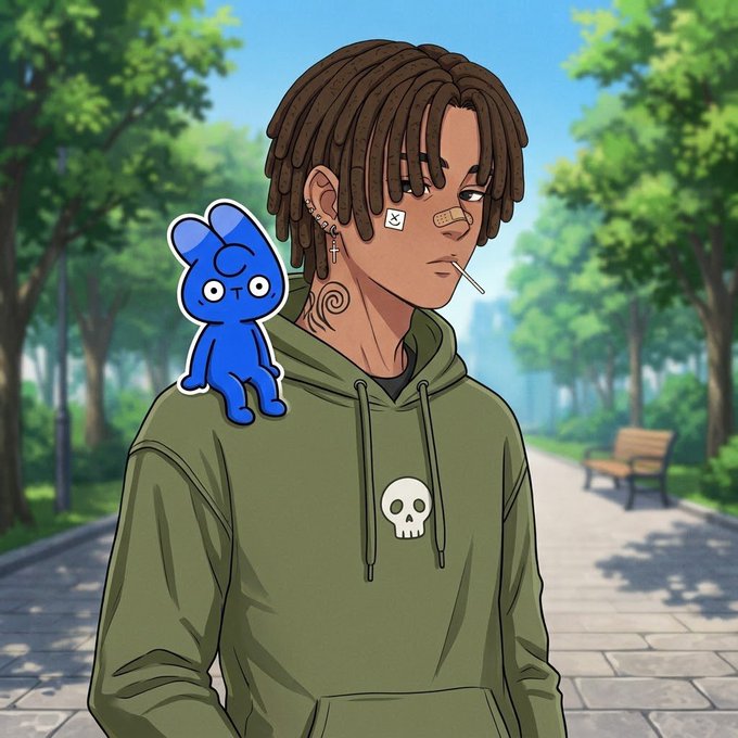 An anime-style illustration of a young man with dreadlocks wearing an olive hoodie with a skull logo, with a small blue character on his shoulder.