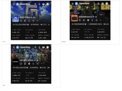 Screenshots of an OpenSea NFT marketplace displaying character profile pages with associated digital assets and prices.
