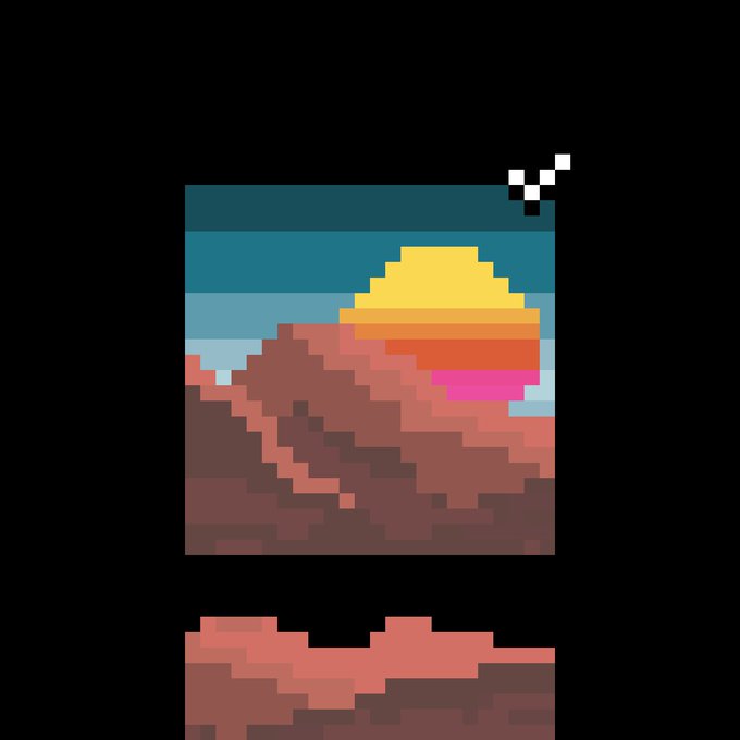A pixel-art landscape shows a glowing sunset over mountains, with a small white aircraft flying in the dark sky above. It reflects the post’s theme of art without borders, attributed to @opepenedition, @scapes_xyz, @jalilwahdat, and @yougogirl_eth.