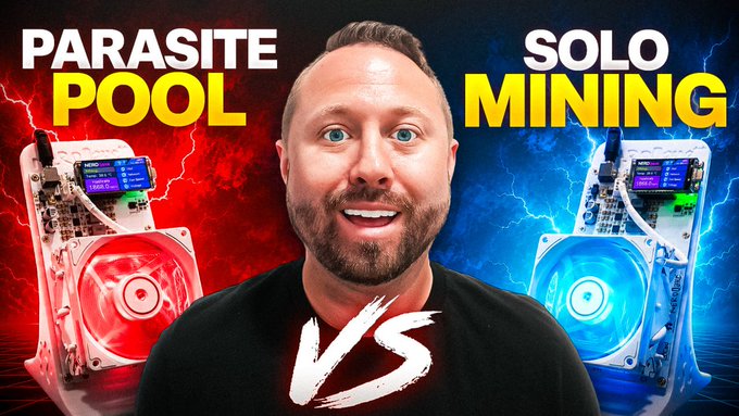 A YouTube-style thumbnail showing a man in a black shirt with an excited expression, positioned between two mining rigs labeled 'PARASITE POOL' (red) and 'SOLO MINING' (blue), separated by a stylized 'VS' graphic.