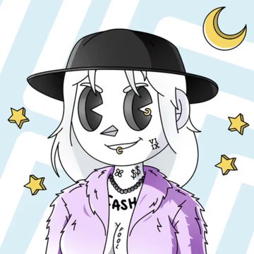 A cartoon-style character with large eyes wears a black bucket hat, a pink fur coat over a shirt reading 'ASH', and has dollar sign tattoos on the face, set against a striped background with a moon and stars.