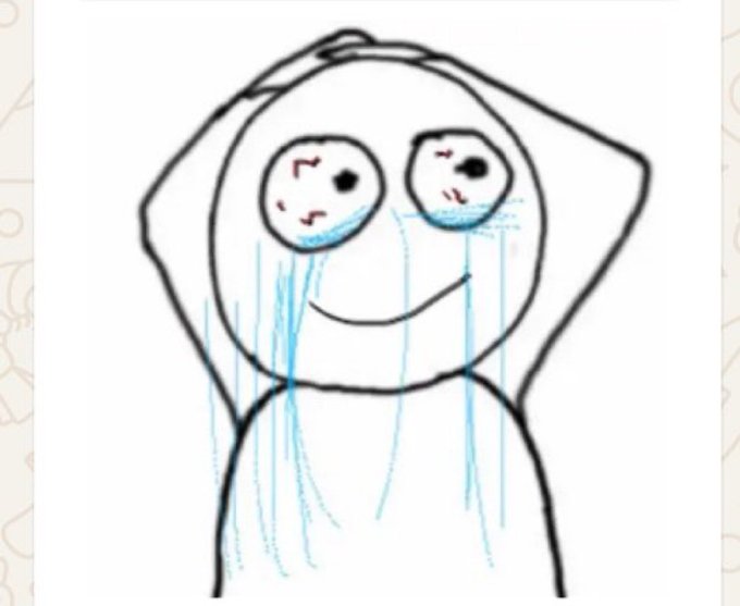 A simple cartoon drawing of a smiling figure with hands on their head, bloodshot eyes, and blue tears streaming down — visually capturing the resigned, self-deprecating frustration of losing $20k to NFTs. The image perfectly mirrors the post's "Maybe I am the problem" punchline, portraying a joyful acceptance of one's own poor financial decisions.
