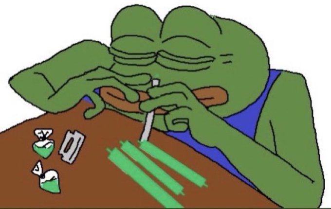 A green Pepe the Frog cartoon is hunched over a table, carefully snorting three lines of green powder alongside a dollar bill and crumpled baggies, symbolizing the euphoric and addictive rush of a "bull market" — capturing the hedonistic, fast-money frenzy that often accompanies speculative trading rallies.
