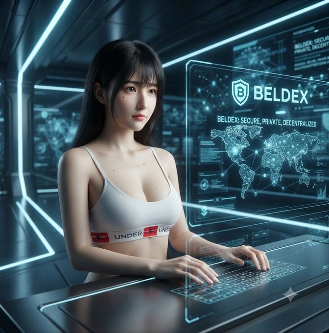 A digital illustration depicts a young woman with long dark hair wearing an Under Armour sports bra, working at a futuristic holographic keyboard displaying a world map and the 'BELDEX' logo with the tagline 'BELDEX: SECURE. PRIVATE. DECENTRALIZED'.