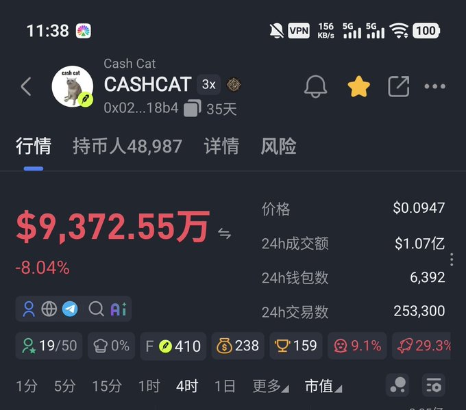 A mobile screenshot shows the CASHCAT (Cash Cat) token trading page with a market cap of $9,372.55万 (~$93.7 million), down -8.04%, at a price of $0.0947, holding 48,987 holders with $1.07亿 in 24h trading volume—reflecting the post's concern about Cash Cat's modest valuation on the RH chain despite its leading meme status.