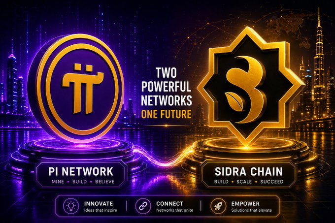 The image is a futuristic promotional graphic featuring the Pi Network coin logo on the left with its motto "Mine • Build • Believe," alongside the Sidra Chain emblem on the right with its slogan "Build • Scale • Succeed," united under the headline "Two Powerful Networks, One Future." It visually illustrates the post's theme of comparing Pi Network, which has already launched its Open Network, against Sidra Chain, which is still preparing for mainnet, highlighting their complementary visions of innovation, connection, and empowerment in the crypto space.