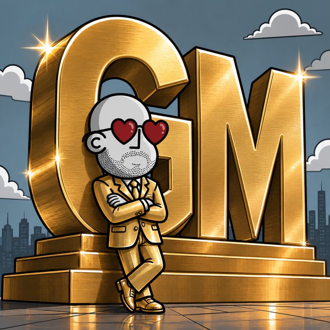 The image features a cartoon character, possibly a man or a woman, wearing a suit and sunglasses with red hearts around their eyes. The character is standing next to a large golden letter "G" that appears to be made of gold foil. The background includes a city skyline, suggesting an urban setting. The post in the image reads: "Gm gm legends! It' s a great day to collect some NFTs. Repping my @npconchain @NPCRichman NPC Richman this fine Sunday morning".