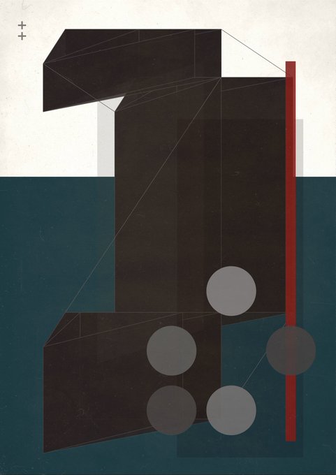 An abstract geometric artwork featuring black rectangular shapes, gray circles, a red vertical bar, and a teal background with a cream-colored top section.