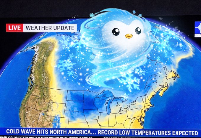 A "Live Weather Update" graphic shows a cartoon penguin swirling in a snowstorm over a map of North America, with the headline "COLD WAVE HITS NORTH AMERICA... RECORD LOW TEMPERATURES EXPECTED." The icy, cold-themed image humorously aligns with the post's pun about "Pudgy" (referencing Pudgy Penguins NFTs) floor prices reaching a "cold" low—a rare buying opportunity before prices warm back up.