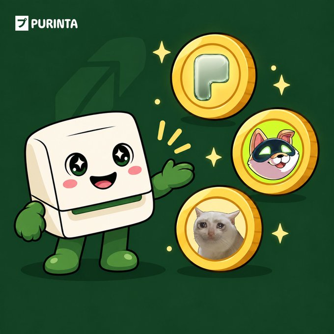 The image features a cute animated white box-like character with green limbs and a happy expression, standing next to three golden coins displaying a "P" logo, a masked cat, and a white cat, against a dark green background with the "PURINTA" logo in the top left corner—visually promoting the three crypto coins ($CASHCAT, $AI, $PONS) that can now be borrowed against on the Purinta platform using $USDG.