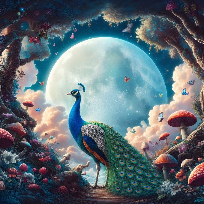 A fantastical digital artwork depicting a peacock standing under a large moon, surrounded by colorful mushrooms, flowers, and butterflies.