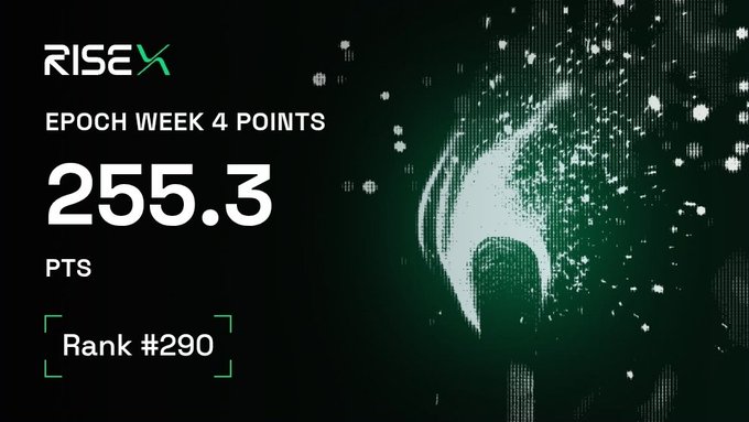 Digital display showing 'RISEX EPOCH WEEK 4 POINTS 255.3 PTS Rank #290' with a green logo on a dark background.