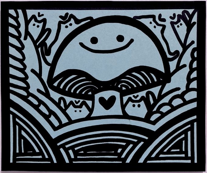 A stencil-style artwork featuring a smiling, bearded face with a mustache emerging from stylized waves, flanked by small ghost-like creatures, with a heart symbol below and the text "SCALING PURRTAL RUINS" visible at the bottom. The piece resembles ancient petroglyphs or ruins, fitting the "Purrtal Ruins" theme described in the post.