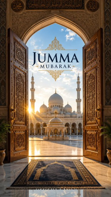 An ornate Islamic doorway opens to reveal a grand white mosque with domes and minarets under a sunny sky, with the text 'JUMMA MUBARAK' displayed centrally.
