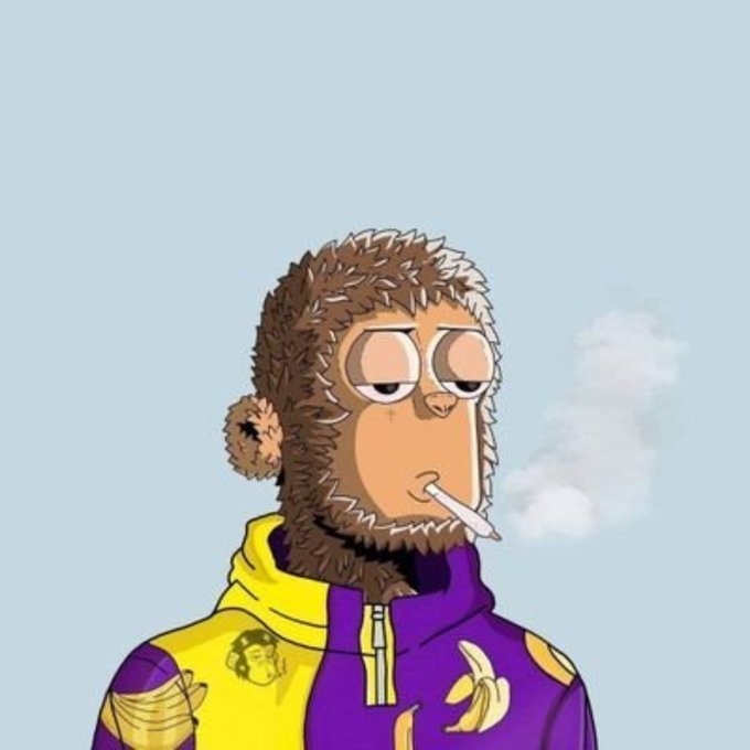 An animated illustration of a character wearing a furry animal-like hood and a purple and yellow jacket, smoking a cigarette.
