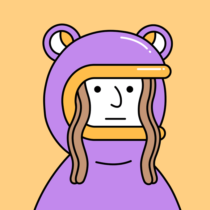 A cartoon illustration of a character with long brown hair wearing a purple and yellow bear hooded costume on an orange background.