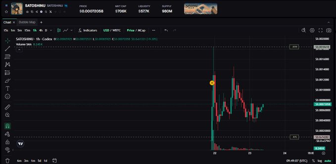 A cryptocurrency trading chart for SATOSHIINU/SATOSHIINU on Coinbase showing the price at $0.00072058, with 24-hour candlestick data displayed against a dark background.