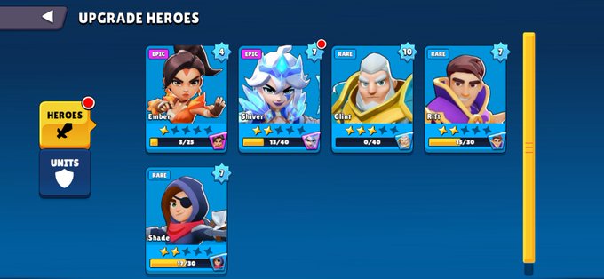 The image shows an "Upgrade Heroes" screen from a mobile game, displaying five character cards: Ember (Epic, level 4), Shiver (Epic, level 8), Ginz (Rare, level 10), Iris (Rare, level 3), and Shade (Rare, level 3), with upgrade progress bars showing various shard counts. The post asks about reaching top 10 in Fableborne, suggesting the player is showcasing their hero collection/progress as part of their competitive efforts in the game.
