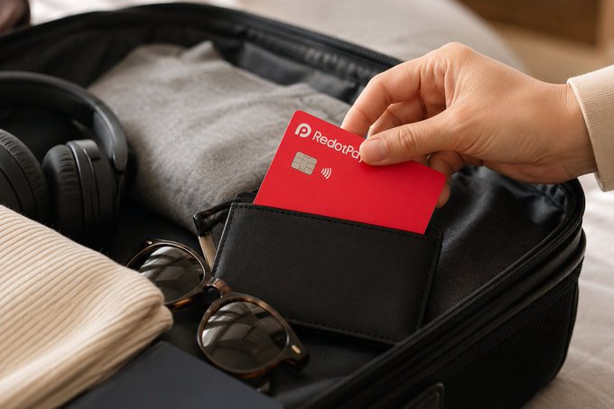 A hand places a red "RedoPay" contactless payment card into an open suitcase, joining headphones, sunglasses, and folded clothes. The image visually captures the "Wallet ready" moment of the post, showing the payment card being packed as the final travel essential before the weekend trip.