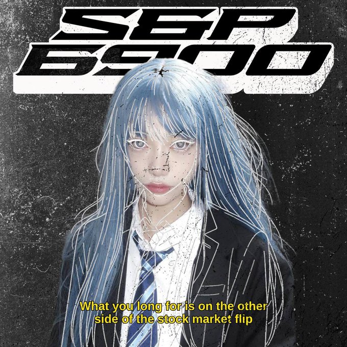 Album cover featuring an anime-style girl with long blue hair in a school uniform, with text "S&P 500" above and caption "What you long for is on the other side of the stock market flip."