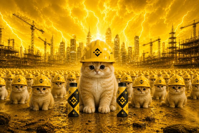 A surreal golden-hued digital artwork of kittens wearing construction helmets and a Binance logo, set against a stormy city skyline with lightning.