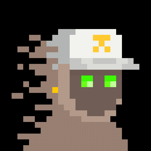 Pixel art illustration of a ghostly figure wearing a white and yellow hard hat with green eyes.