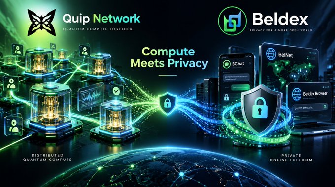 A promotional graphic for 'Quip Network' and 'Beldex' features the tagline 'Compute Meets Privacy' over a background of digital servers, shields, and glowing networks.