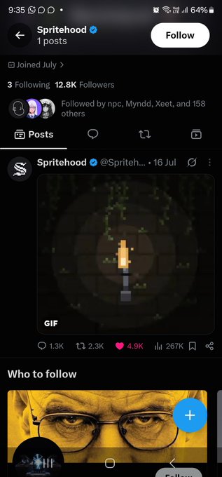 A screenshot of the 'Spritehood' Twitter profile showing 12.8K followers, with a single post featuring a pixelated GIF of a torch lighting up a dark room, garnering 4.9K likes.