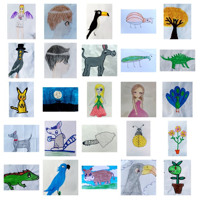 A grid of 25 hand-drawn sketches depicting various subjects including people, animals (birds, dogs, dinosaurs), plants, and nature scenes.