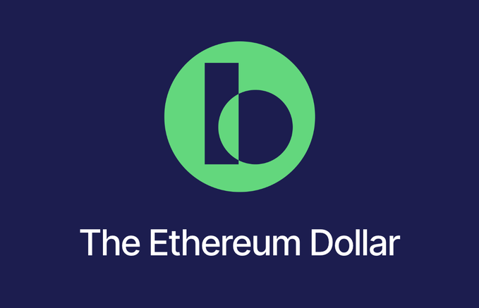 A dark blue background with a green circular logo containing a lowercase 'b', with white text reading 'The Ethereum Dollar' below.