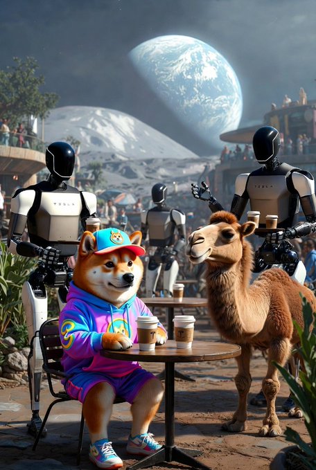 A whimsical digital illustration depicts a Shiba Inu dog in colorful streetwear sitting at a cafe table with a camel, while humanoid robots serve them coffee against an alien landscape with a large planet.