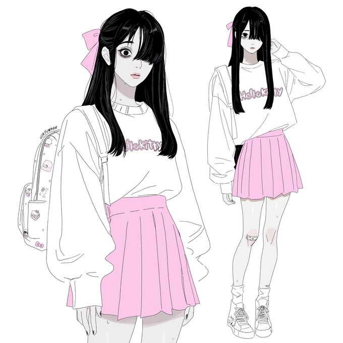 Illustration of a dark-haired girl shown in two poses wearing a white Hello Kitty sweatshirt, pink pleated skirt, and Hello Kitty backpack.