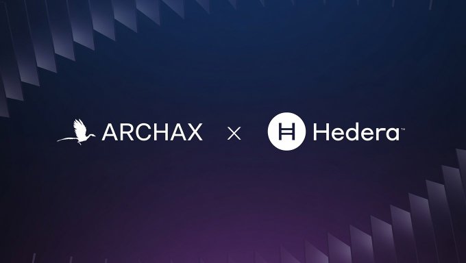 The image features a logo for Archax and Hedera, two companies collaborating on real-time streaming cash flows for tokenized securities. The Archax logo is positioned above the Hedera logo, both displayed against a purple background with white text. The text reads "Archax has launched real-time streaming cash flows for tokenized securities on Hedera", indicating that Archax and Hedera are working together to provide continuous, programmable income streams in USDC directly to investors' wallets on the blockchain.